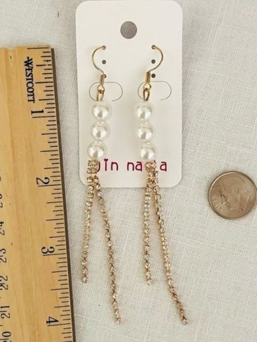 Faux Pearl Rhinestone Earrings 4in Long Gold Glam Dangles - Picture 7 of 9